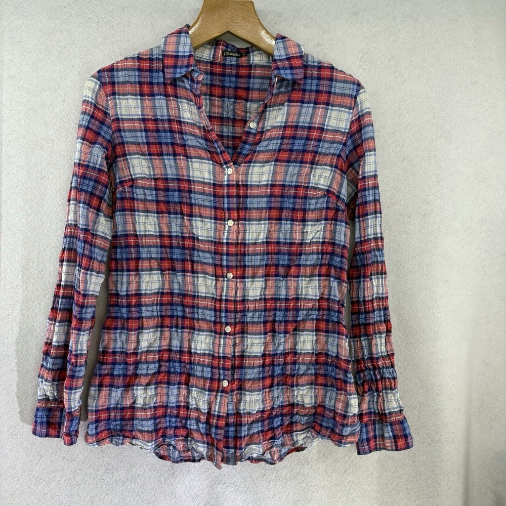 J.McLaughlin Red/Blue Plaid Crinkle Button Down Shirt Womens XS Preppy Coastal